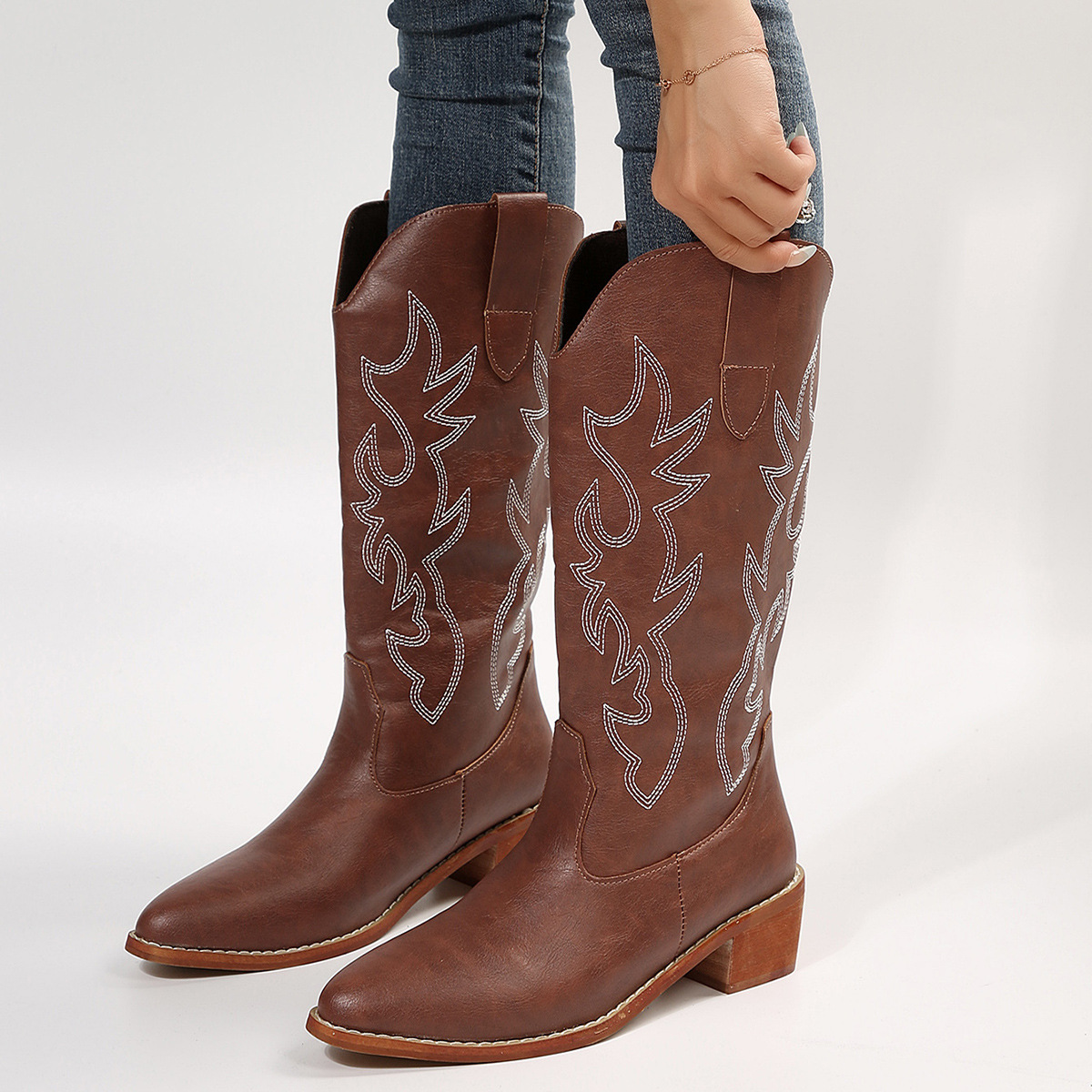 Dámské rytířské boty s vyšívanými dřevěnými kořeny, střední délky a špičatým hrotem, plus size_voghion.com