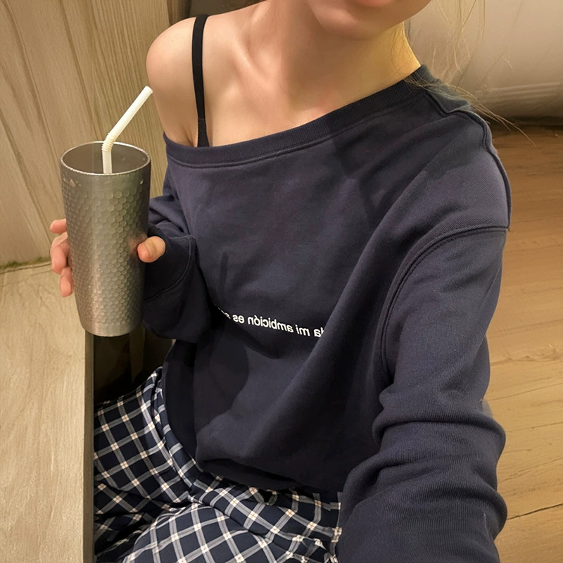 Хлопковая имитация хлопчатобумажная композитная молочная проволока 310 г плюс бархат 400 г с принтом косой плечо с длинными рукавами свитер женский