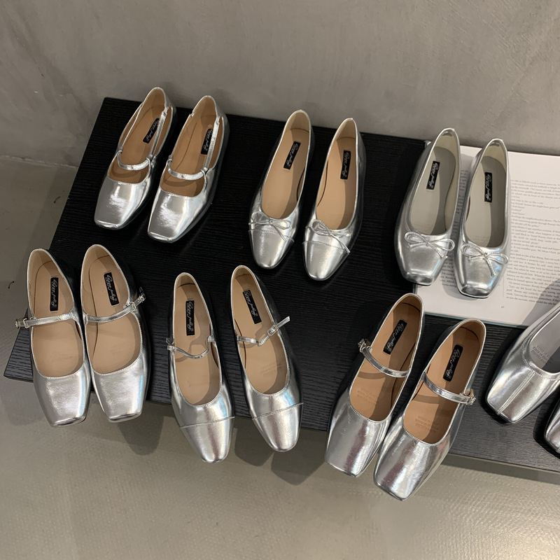 Silver Shoes French Ballet Shoes Women's New 2023 Explosions Sandals Mary Jane Half Slippers Mom Sandals