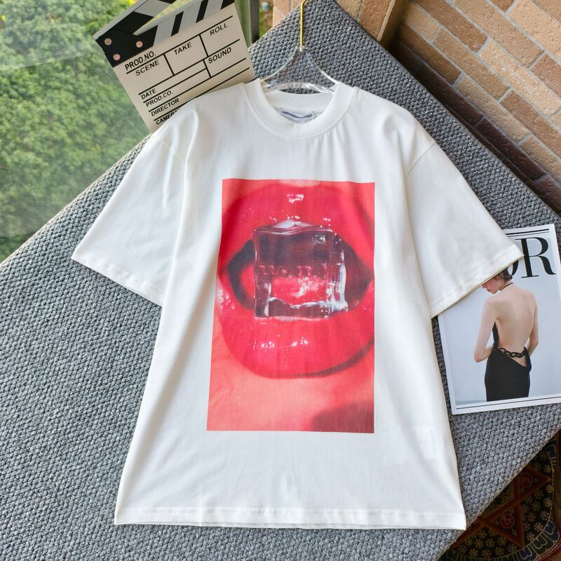 High-Quality New Trendy Street Style Red Lip Ice Cube Fashion Print Round Neck Versatile Short-Sleeve T-Shirt