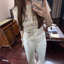 薄款透气趣味涂鸦彩纱上衣女夏修身印花短袖T恤