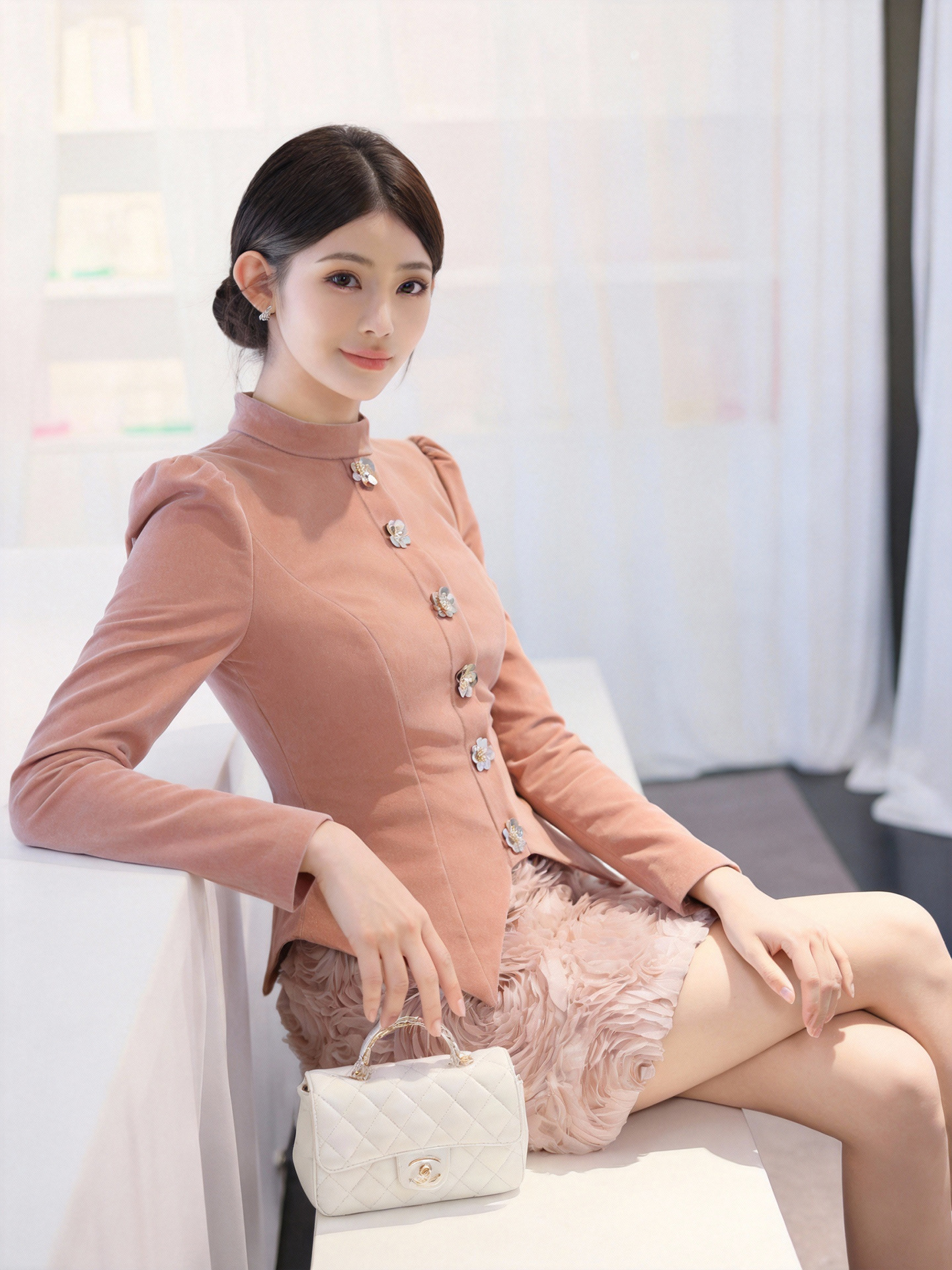 Đầm ôm body nữ chất nhung tăm thiết kế hoa lập thể thắt eo — Thịt hồng