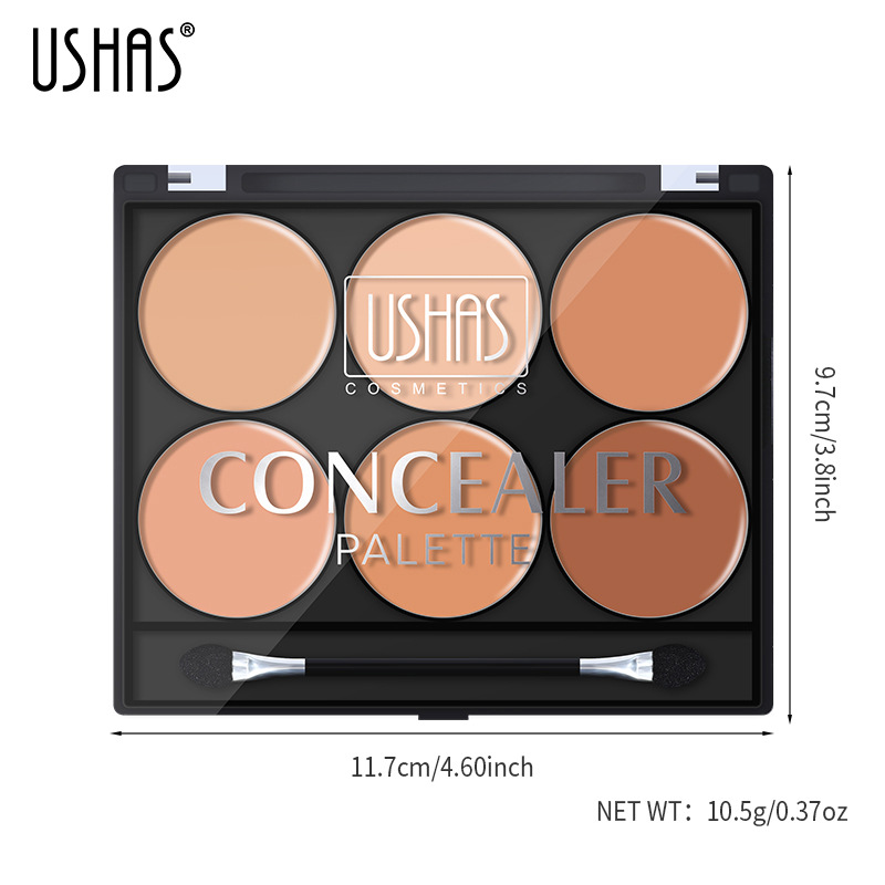 USHAS Cross-border maquillaje corrector de 6 colores paleta base impermeable ilumina el tono de la piel para una retención duradera