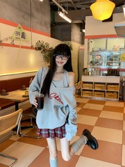 甜辣妹运动休闲V领长袖卫衣背心格子短裙女2025秋季新款时尚套装