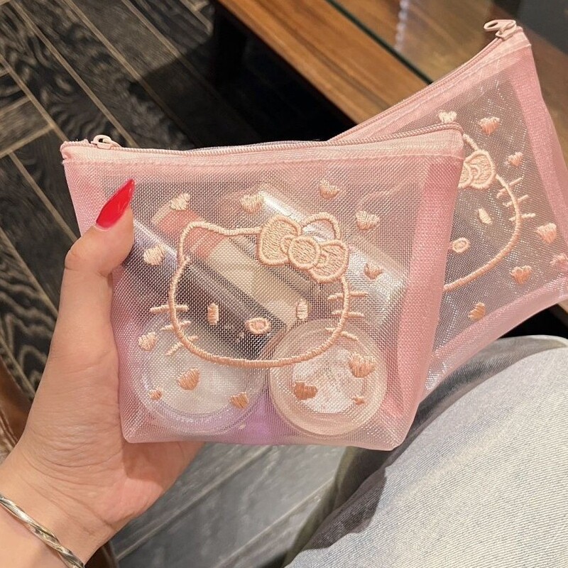 Summer Waterproof Mesh Bag with Pink Embroidery Kitty Cat Design, High-Value Coin Purse, Lipstick Storage Bag, Portable Card Holder