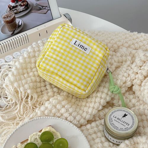 Japanese cotton blue check small square bag ins style high-looking student portable cute multifunctional sundry storage bag