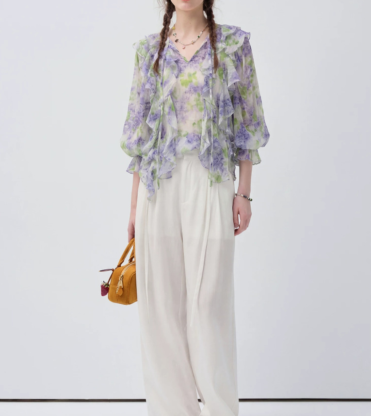Áo sơ mi chiffon in hoa VEGA CHANG tay dài viền lá sen — Yên Hà Tử chi tiết 5