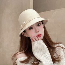 秋冬显脸小百搭盆帽复古赫本风蝴蝶结礼帽优雅白色毛呢渔夫帽韩版