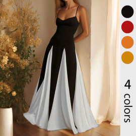 欧美外贸女装春季新款 时尚休闲百搭撞色拼接修身吊带连衣裙长裙
