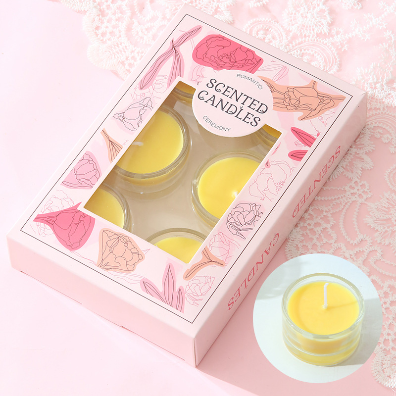 Vaso de vidrio de 8 horas pequeña vela de bananas redonda aceite esencial prueba de fragancia tipo vela sin humo vela vela de cena fábrica al por mayor