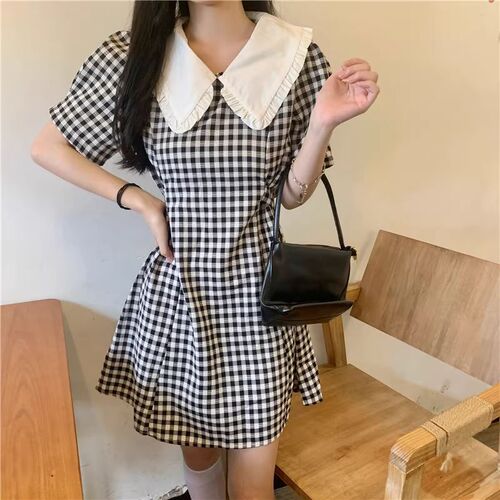 Doll Collar Grid Patchwork Skirt Women Summer French Short Sleeve One-Step Skirt Cute Japanese Short Skirt