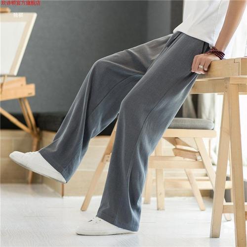Linen Pants for Men - Summer Thin Casual Long Trousers for Spring and Autumn, Straight Leg Sports Pants with Chinese Style, Loose Cotton and Linen Men's Trousers