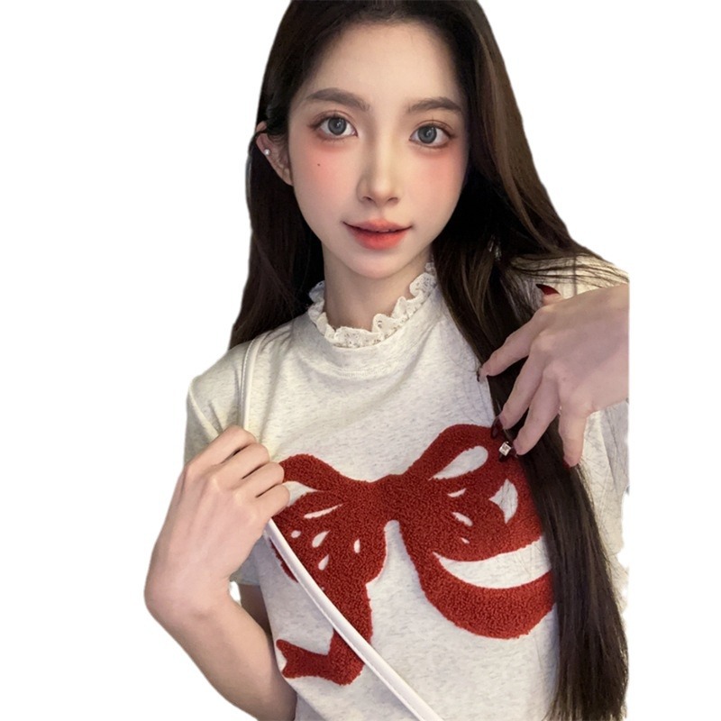 Cute velvet lace Japanese short summer short sleeve T-shirt with bow