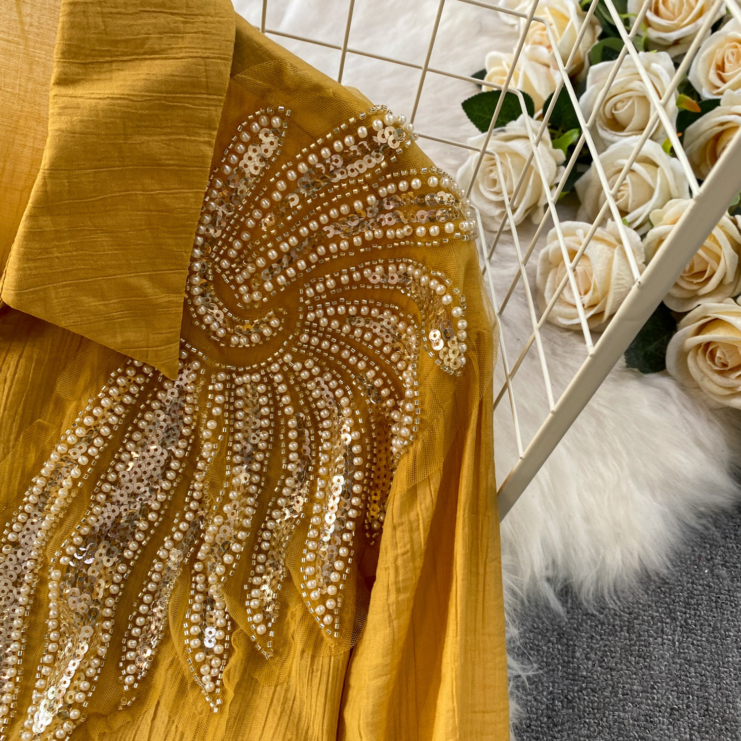 European Style Embroidered Pearl & Sequin Blouse With Mid-Length Skirt Set - Elegant Oversized Office Wear Two-Piece Outfit_ecoleips.com