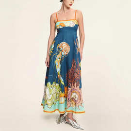 独立站跨境欧美女装2025夏季新款度假大摆涂鸦棉麻无袖吊带连衣裙