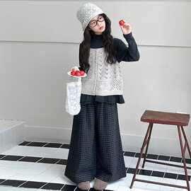 女童巨好看套装秋季2025新款女大童韩系穿搭秋装马甲阔腿裤三件套