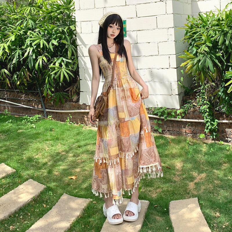 Thirteen Lines Yunheyu Bohemian Style Printed Patchwork Tassel Strap Long Dress Women's Vacation Style Dress