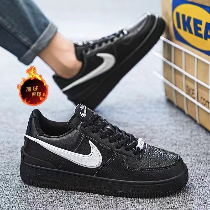Air Force One Black Men's Shoes Black and White Hook Low-Top Fleece-Lined Cotton Shoes Aj Black Warrior Af1 Women's Ambush Sneakers