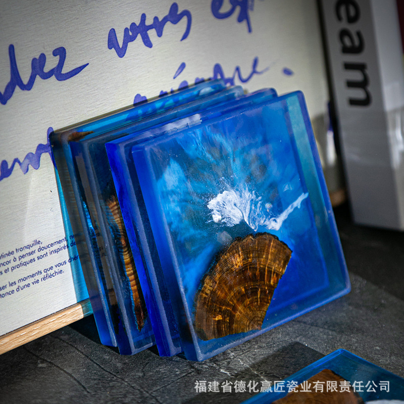 Cruz-frontera norte de pino epoxi resina río montaña azul estera de aislamiento olla teniendo madera maciza Zen onda titular de la taza