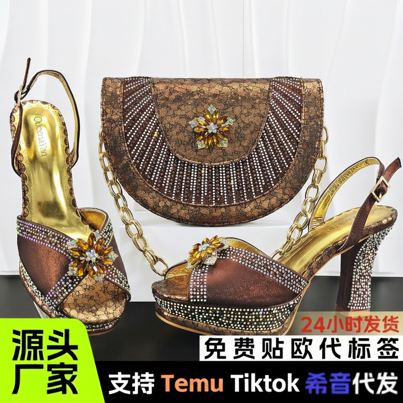 Retro Patterned Ultra-High Heel Women's Open-Toe High-Heeled Sandals with Full Rhinestone Heel, Half-Moon Bag, Middle Eastern Cross-Border Shoe and Bag Set Retro Patterned Ultra-High Heel Women's Open-Toe High-Heeled Sandals with Full Rhinestone Heel, Half-Moon Bag, Middle Eastern Cross-Border Shoe and Bag Set