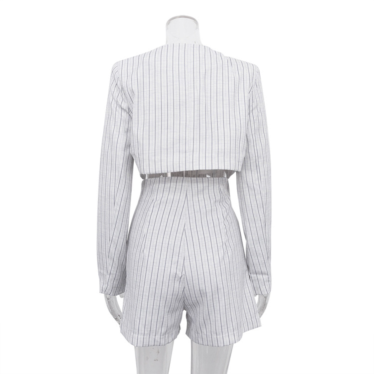 Women Spring Clothing Chinese Niche Design Long Sleeve Deep V Plunge Jacket High Waist Shorts Striped Set