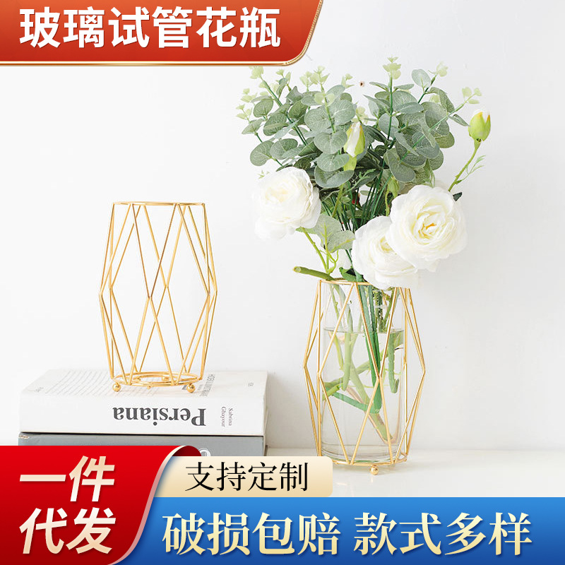 Jarrón de cristal dorado con forma de diamante, estilo INS, para decoración floral de escritorio, arreglo floral hidropónico, estilo INS, venta al por mayor del fabricante.