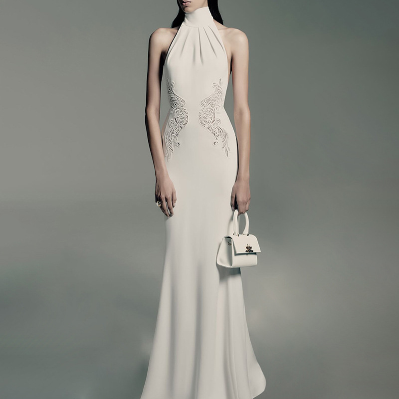 White High-Neck Fishtail Long Dress 2026 Summer New French Style Elegant Embroidered Hollow-Out High-End Dress