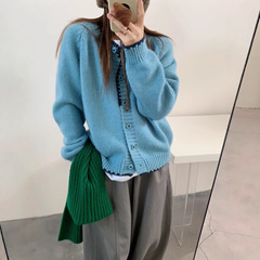 小个子韩系圆领彩扣设计感针织开衫女秋冬季新款宽松毛衣外套加厚