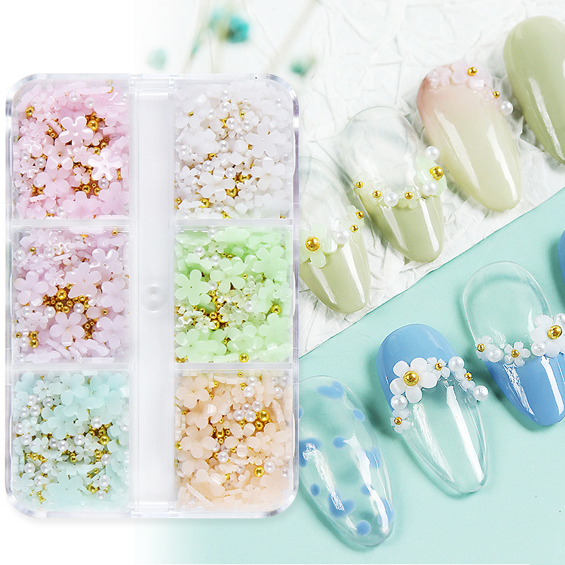 6-Grids Light-Changing Five-Petal Flower Nail Art Jewelry Boxed Mixed Acrylic Cute Resin Flower Uv Color-Changing Decoration