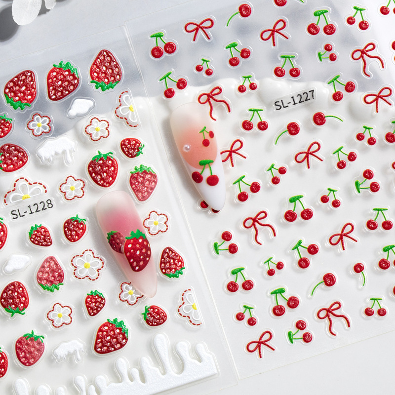 Sweet Strawberry Cherry Nail Stickers 5D Embossed Three-Dimensional Fresh Fruit DIY Nail Art Stickers Accessories Sl Model Sweet Strawberry Cherry Nail Stickers 5D Embossed Three-Dimensional Fresh Fruit DIY Nail Art Stickers Accessories Sl Model