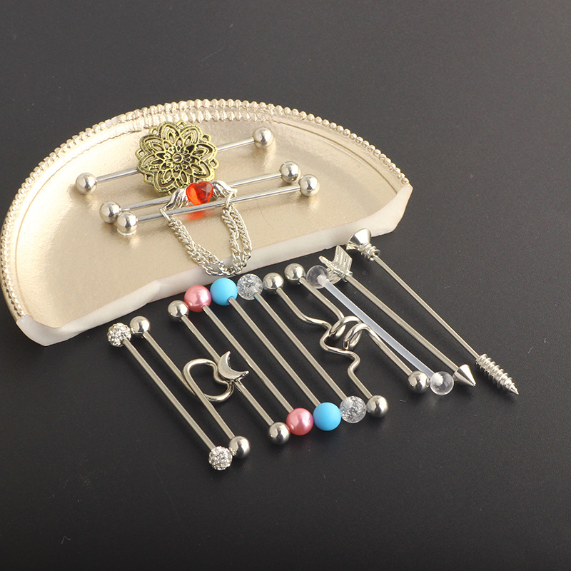Industrial Barbell Earring Set Stainless Steel Heart Dangle Ear Studs Double Ear Holes Earrings Kit 14 Pieces Vintage Retro Style detail image 9