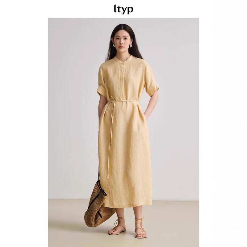 Original Travel Hemp Half Placket New Chinese Style Dress Literary Round Neck Short-Sleeved Long Skirt for Women Summer