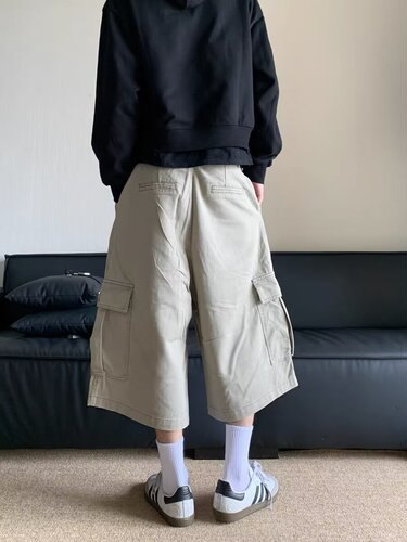New summer thin loose wide-leg work shorts men's Japanese fashion brand ins straight casual elastic shorts