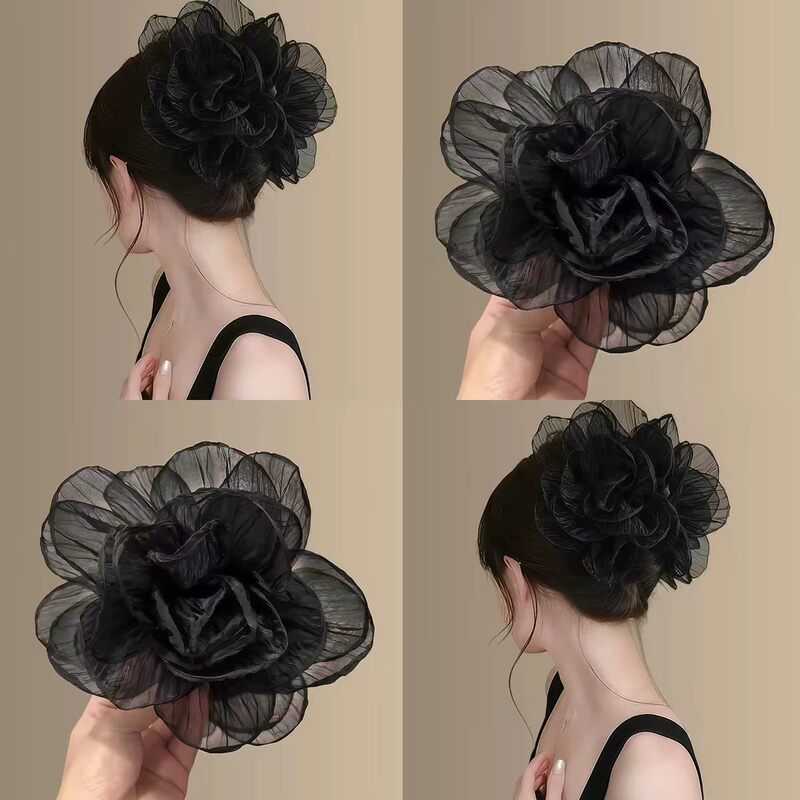 Black Swan~Pleated Mesh Flower Hair Clip with Oversized High-End Mesh Flowers, Makes the Face Look Smaller, Suitable for Updos at the Back of the Head Black Swan~Pleated Mesh Flower Hair Clip with Oversized High-End Mesh Flowers, Makes the Face Look Smaller, Suitable for Updos at the Back of the Head