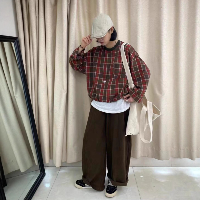 秋季新品复古宽松撞色格子下摆抽绳设计圆领套头衫卫衣|undefined