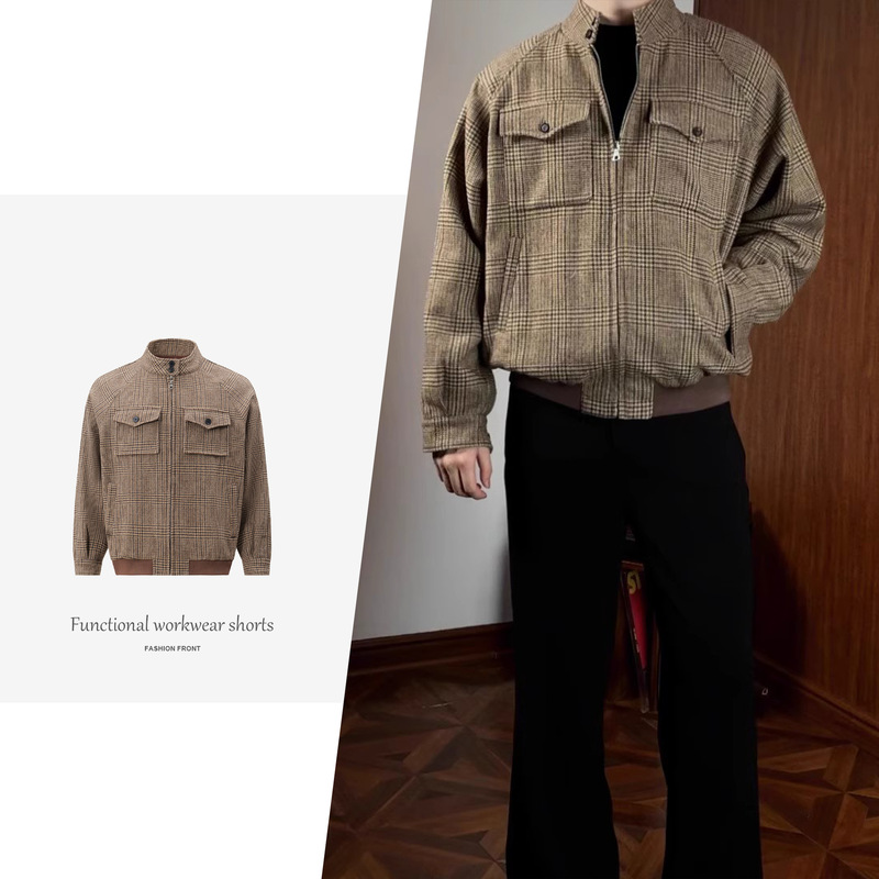 [CSMY] Oclin Prince of Wales Houndstooth Harrington Wool Jacket Short Wide Three-Dimensional Tailored Jacket