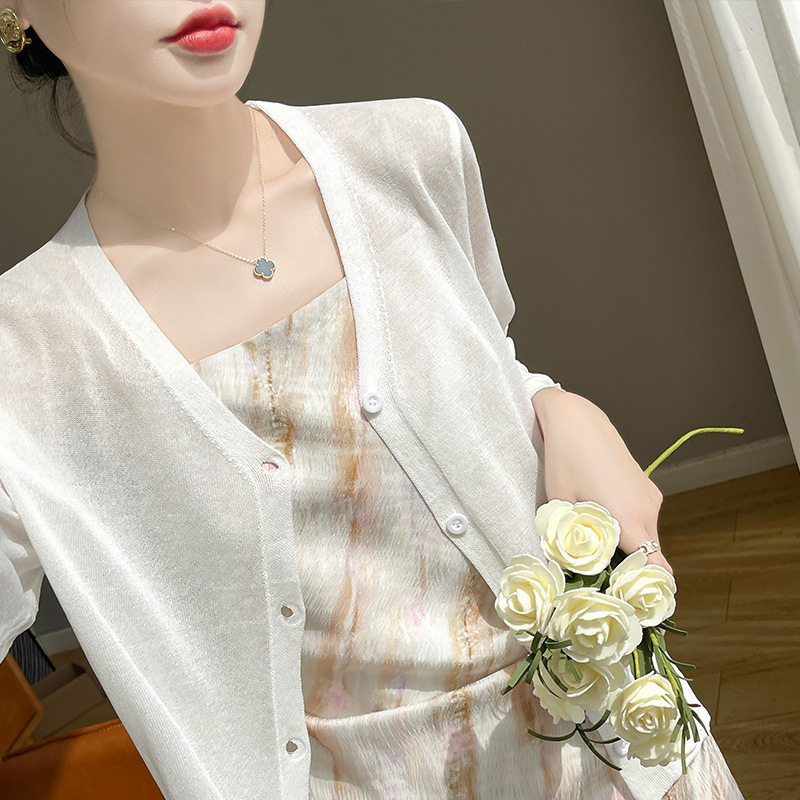 The skirt with suspenders is amazing! Sunscreen Cardigan Women's Summer Thin 2025 New Outer Shawl Short Ice Silk Blouse