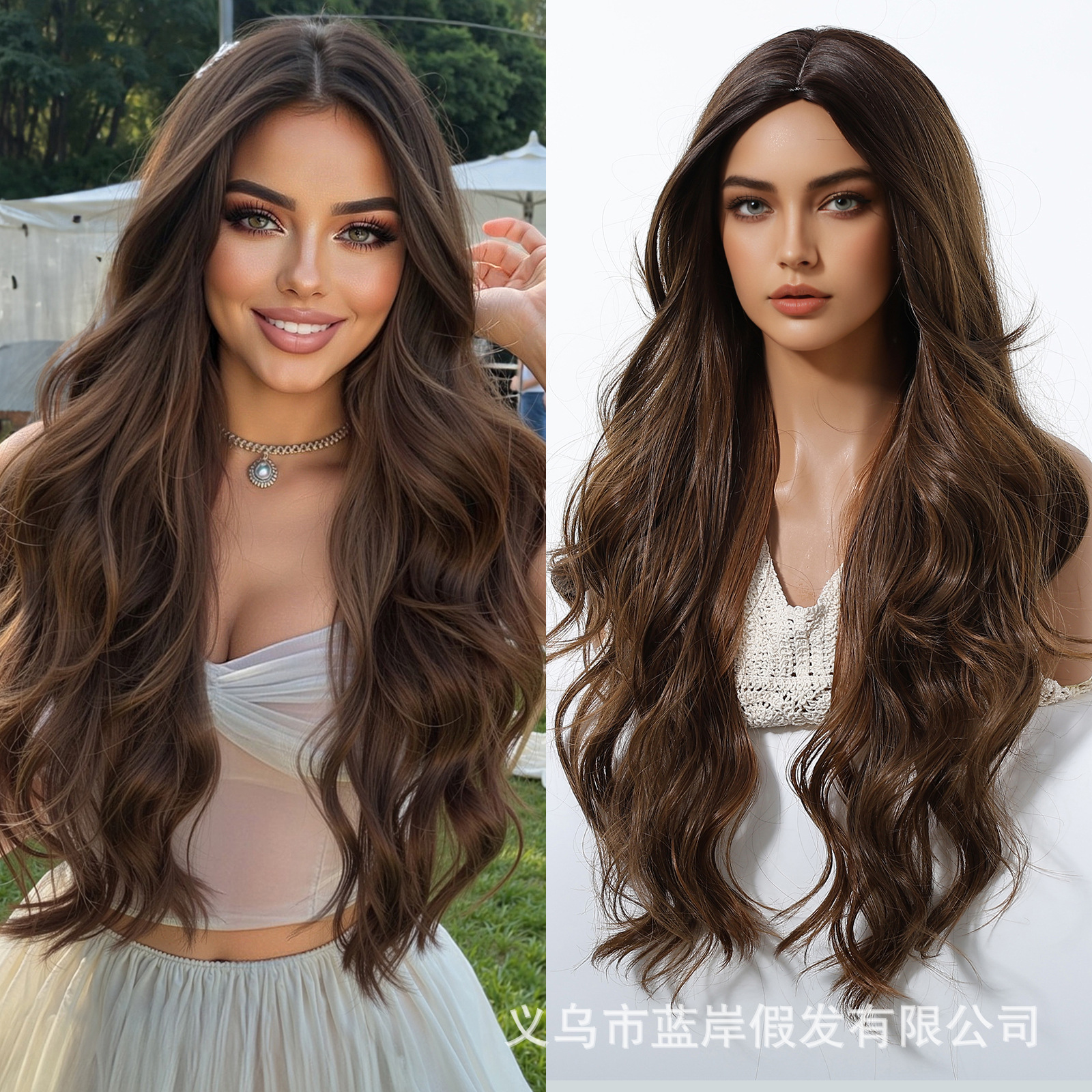 Peluca larga rizada nueva transfronteriza para mujer, peluca completa, estilo europeo y americano, con raya en medio, peluca de fibra sintética negra.