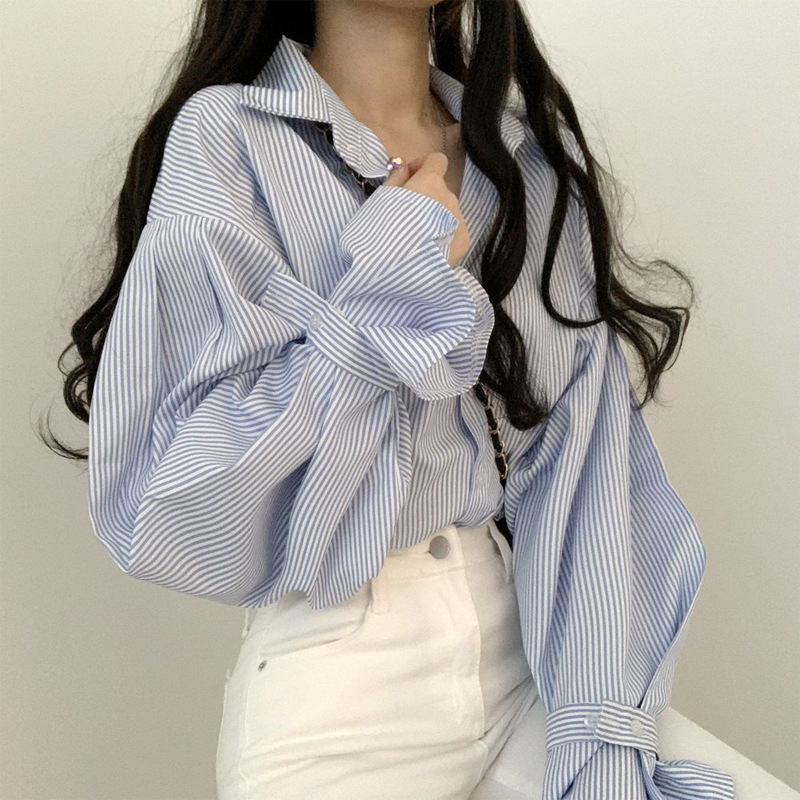 法式条纹衬衫女秋季宽松设计感小众别致上衣韩系chi简约外搭衬衣|undefined
