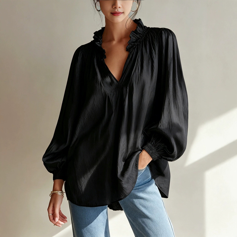 European and American style 2026 cross-border pleated shirt for women with ruffled V-neck, loose lantern puff sleeves, casual commuting top