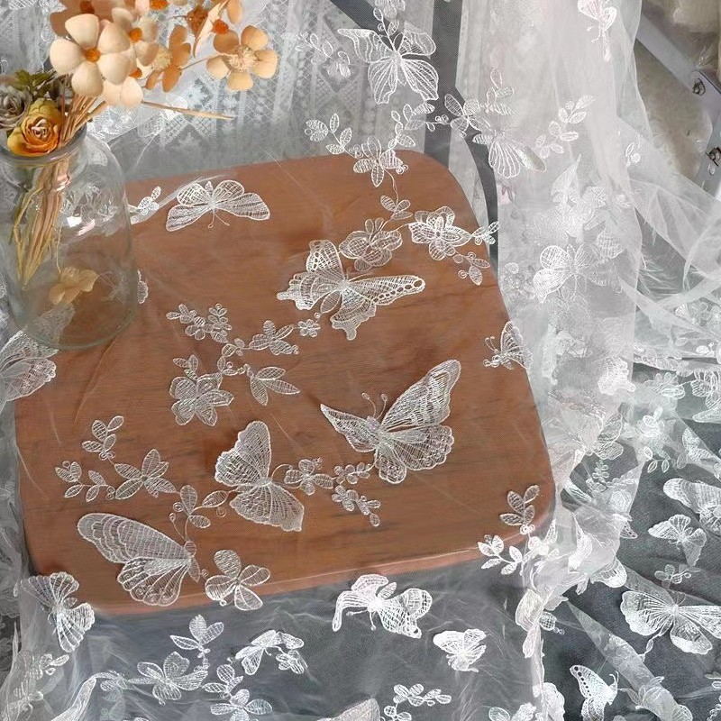 立体蝴蝶服装演出礼服裙子蕾丝面料网纱刺绣花娃娃衣头纱布料