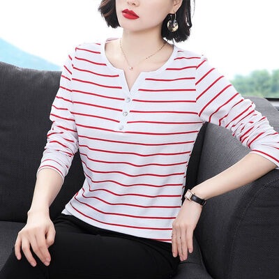 Spring and Autumn Long Sleeve Women's Top Striped Small Shirt Korean Style Loose Plus Size Slimming Collar Base Shirt Trendy