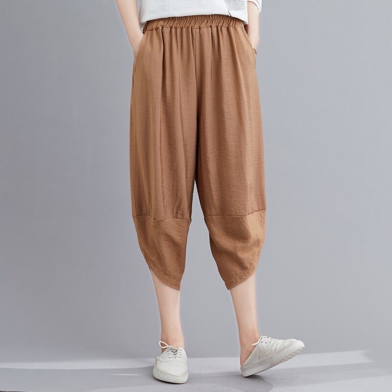 Ice Silk Zou Haren Pants Women's 2024 Summer Thin Loose plus size Slimming Capri Pants Solid Color Carrot Pants