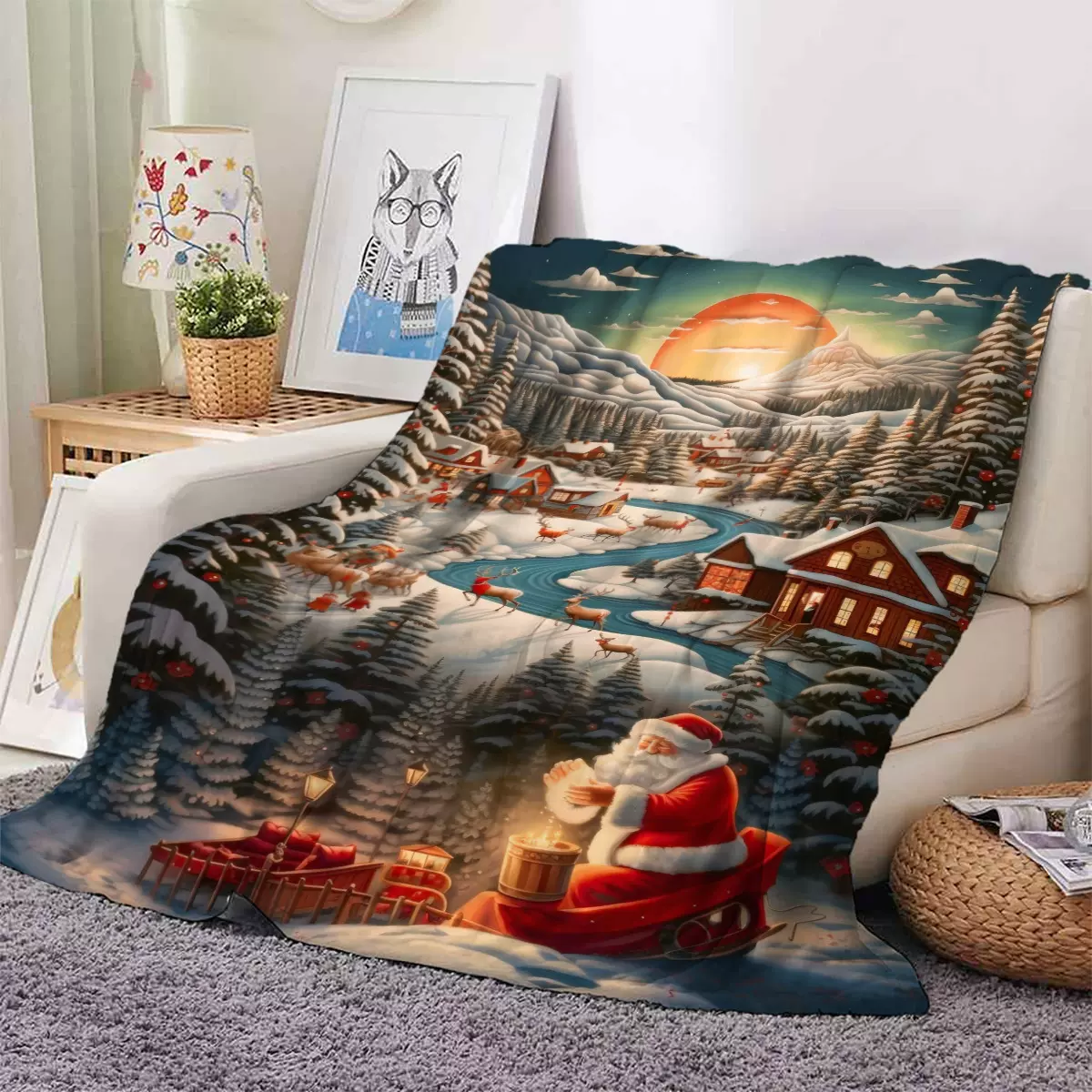 圣诞老人雪景礼品毯办公室加厚法兰绒保暖毯子午睡盖毯毛毯超柔软