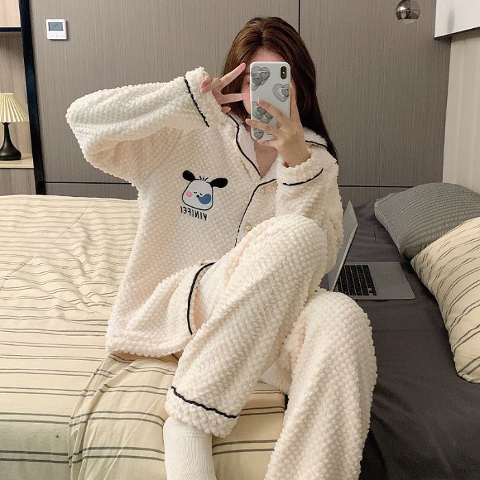 Pijamas de invierno al por mayor transfronterizos pantalones cardigans de manga larga dos piezas de franela gruesa y cálida ropa para el hogar