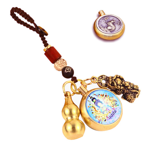 Brass luminous glass one side zodiac and one side Buddha Pixiu gourd keychain creative car creative small pendant