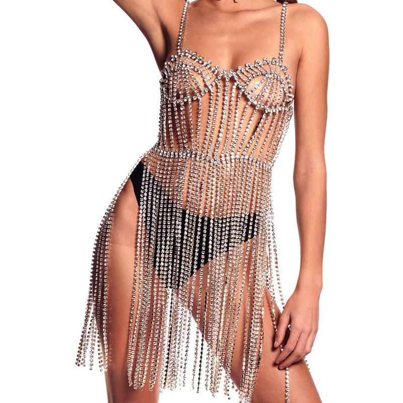 Popular Rhinestone Tassel Strap Dress, Heavy-Duty Sparkling Stage Performance Outfit, Evening Party Fashion Attire