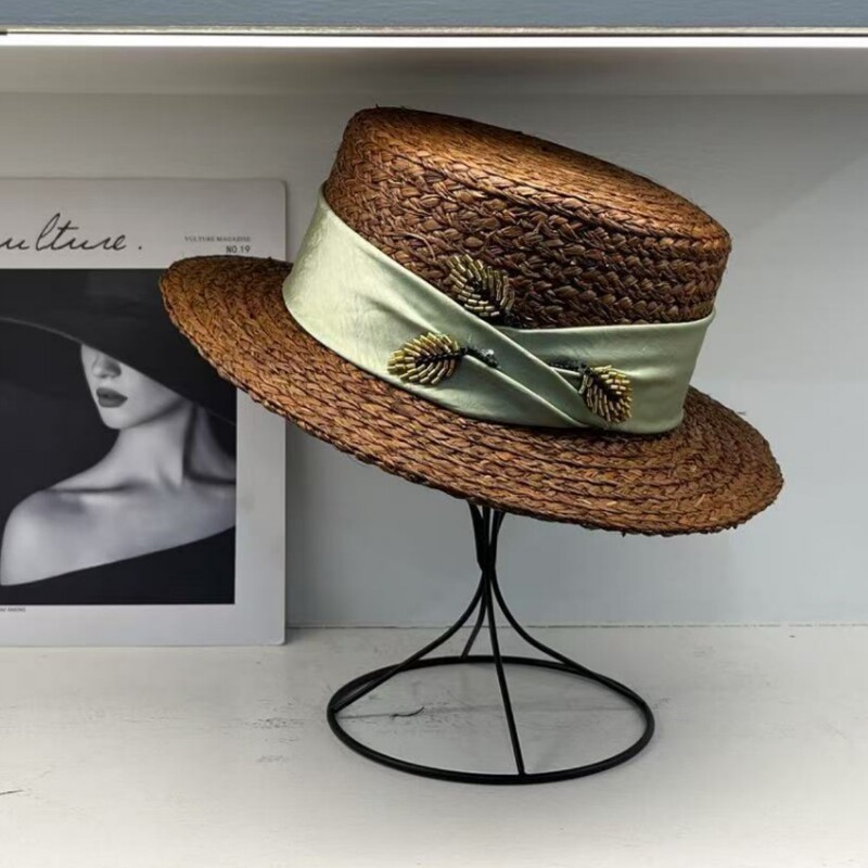 French high-end imported raffia material hat women's small brimmed flat top hat summer travel sun hat