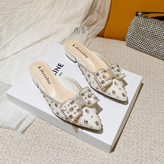 大碼女鞋41-43水鑽尖頭粗跟低跟單鞋春款包頭拖鞋女夏外穿配裙子