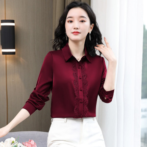 纯色衬衫女长袖2021春秋新款气质缎面桑蚕丝洋气蕾丝拼接打底上衣